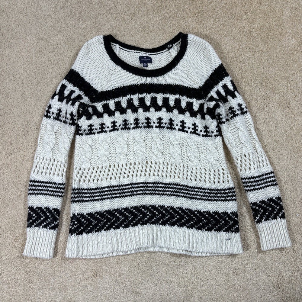 American Eagle Outfitters Cream Black Fair Isle Knit Sweater Small Crewneck